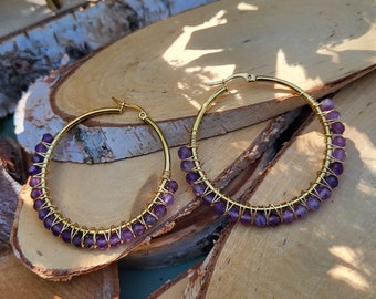 Amethyst Earrings Gold Gemstone Earrings Hoop Earrings