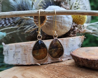 Tiger Eye Earrings Gold Drop Gemstone Earrings Dangle Earrings