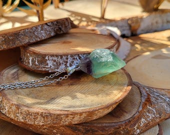 Fluorite Necklace Raw Stone Fluorite Raw Silver Gemstone Necklace
