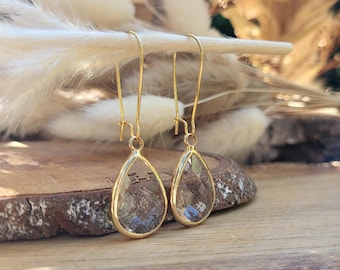 Rock crystal drop earrings, gold drop gemstone earrings