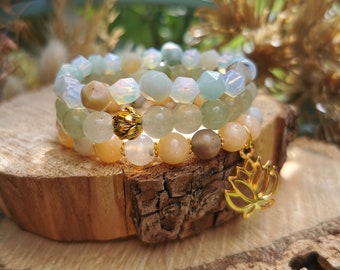 Lotus Bracelet Set Jade Moonstone Amazonite Aventurine Agate 8 mm Beads Gold Mala Set Gemstone Bracelet Lacooni