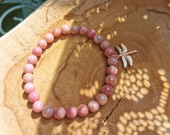 Dragonfly Rose Gold Rhodonite Bracelet 6mm Beaded Gemstone Bracelet