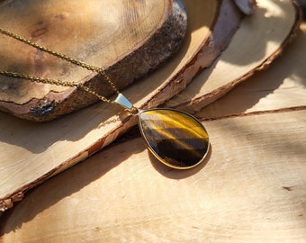 Tiger Eye Drop Gemstone Necklace Gold