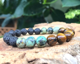 Lava Tiger Eye Jasper Turquoise Agate Men Bracelet 8 mm Mala Bracelet