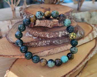 New Beginning Lotus Bracelet Moss Agate Tiger's Eye African Turquoise Gold 8 mm Beads Gemstone Bracelet Lacooni