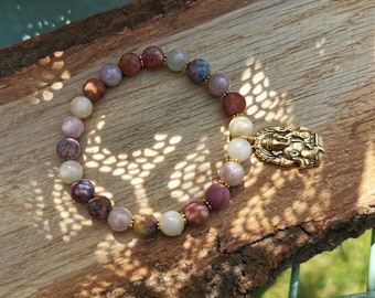 Ganesha Bracelet Jade Jasper 8 mm Gold Mala Bracelet