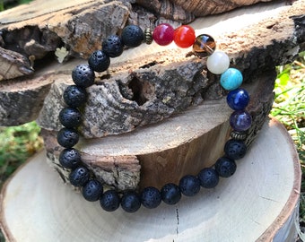 Chakra bracelet lava beads jade smoky quartz lapis lazuli turquoise amethyst agate 8 mm bronze mala bracelet