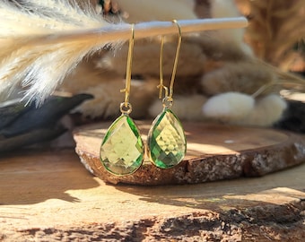 Jade drop earrings, green gold drop gemstone earrings