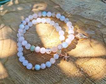 Shell Starfish Bracelet Set Rose Gold Morganite Agate Rose Quartz Moonstone 6 mm