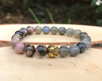 Lotus Gold Bracelet Mala Bracelet 8 mm Rhodonite Labradorite