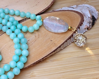Jade Mala Necklace, 108 Beads, Unique, Gold, Real Flower Agate, 8 mm Beads, Prayer Beads, Meditation Gemstone Necklace
