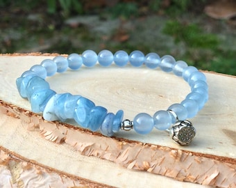 Lotus Bracelet Aquamarine Jade Silver Blue Mala Bracelet 6 mm Beads Gemstone Bracelet