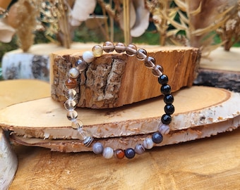 Botswana Agate Onyx Rock Crystal Smoky Quartz Bracelet 6 mm Beaded Gemstone Bracelet