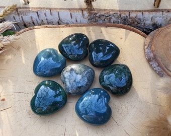 Moss agate heart gemstone hand flatterer