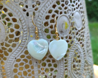 Mother-of-pearl heart earrings, gold drop earrings
