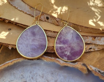 Jade drop earrings gold gemstone earrings purple jade earrings