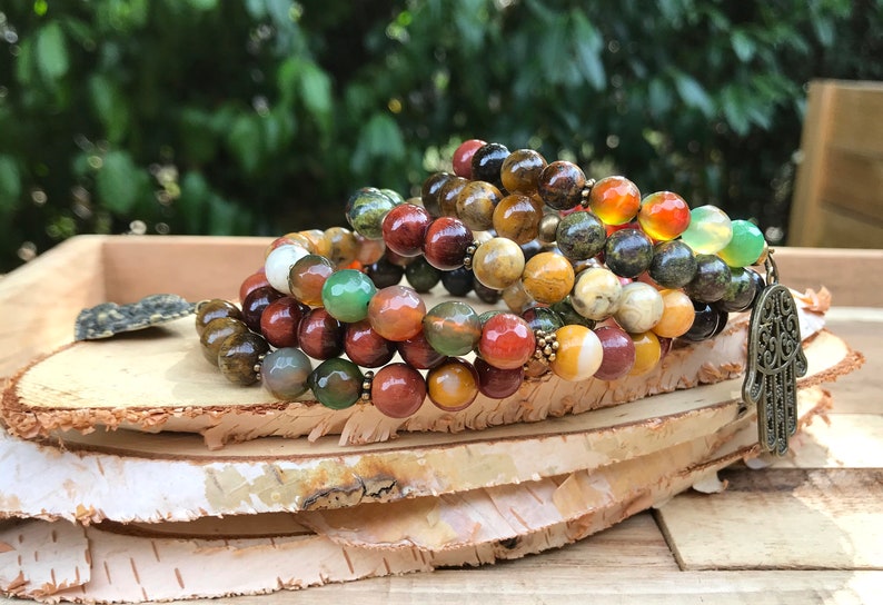 Memory Wire bracelet Ganesha Hamsa Mala bracelet Jaspis Mookait tiger eye agate