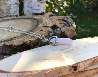 Rose quartz necklace, silver rose quartz pen gemstone necklace