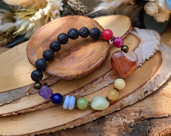 Chakra Bracelet Carnelian Heart Rainbow Lava Jade Lapis Lazuli Chalcedony Amethyst Agate Bronze Unique 8 mm Pearl Gemstone Bracelet