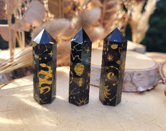 Obsidian Obelisk Stars Sun Snake Moon Gold Gemstone Tower Reiki Chakra Yoga Point