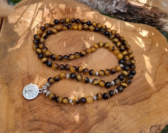 Tiger Eye Mala Necklace 108 Beads Tree of Life 6 mm Beads Silver Mala Necklace Prayer Beads Meditation