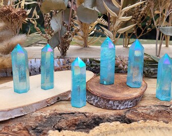 Aqua Aura Quartz Tower Obelisk Gemstone Rainbow Wormstone Point Yoga Chakra Reiki