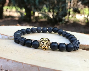 Lion bracelet energy lava beads onyx gold 8 mm