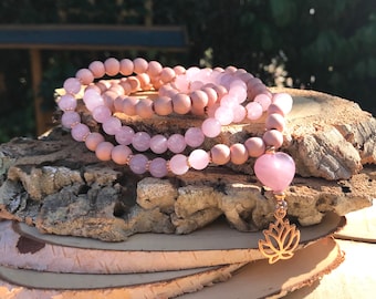 Mala necklace 108 beads lotus rose quartz heart rosewood rose quartz rose gold prayer chain 8 mm