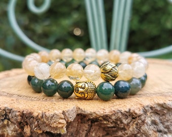 Buddha Lotus Bracelet Set Mala Bracelet Moss Agate Citrine Gold 8 mm