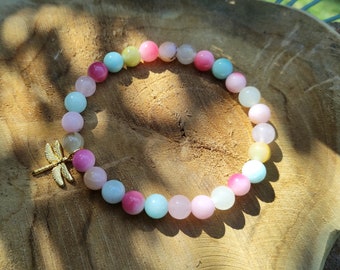 Dragonfly Gold Jade Rose Quartz Amazonite Opal Bracelet 8mm Beaded Gemstone Bracelet