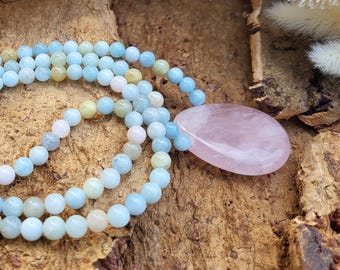Rose quartz drop mala necklace 108 beads unique morganite 6 mm beads prayer beads meditation