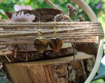 Tiger's Eye Heart Earrings Gold Gemstone Earrings Dangle Earrings