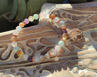 Tree of Life Rose Gold Bracelet Moonstone Rock Crystal Citrine Botswana Agate Amethyst Rose Quartz Amazonite Sunstone Aquamarine 6 mm beads