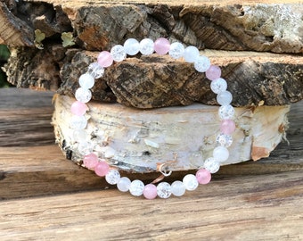 Mom Dad Child Family Bracelet Rock Crystal Rose Quartz Moonstone 6 mm Beads Gemstone Bracelet