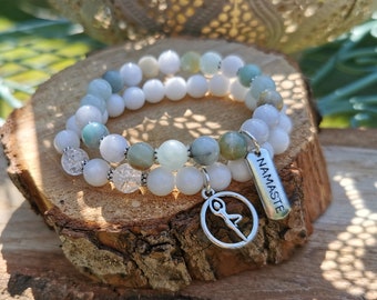 Yoga Namaste Bracelet Set 8 mm Silver Amazonite Rock Crystal Jade Mala