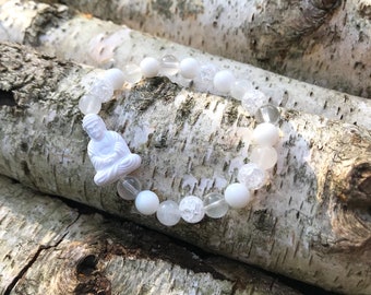 Buddha Bracelet Jade Moonstone Rock Crystal White 8 mm Beads Mala Bracelet