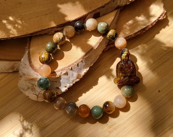 New Beginning Buddha Bracelet Sunstone Jasper Agate Opal Tiger's Eye African Turquoise 8 mm Beads Gemstone Bracelet Lacooni