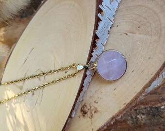 Rose Quartz Necklace Round Gold Gemstone Necklace Gold Plated