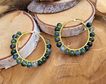 Moss Agate Earrings Gold Earrings Hoop Earrings