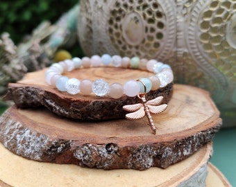 Dragonfly Rose Gold Sunstone Morganite Rock Crystal Bracelet 6mm Beads