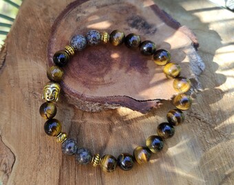 Buddha Bracelet Tiger Eye Jasper Gold 8 mm Mala Bracelet