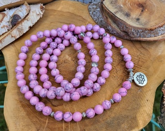 Mala necklace 108 beads lotus pink howlite silver prayer beads 8 mm meditation