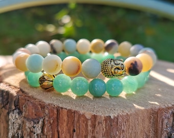 Buddha Lotus Bracelet Set Jade Amazonite Gold 8 mm Mala Bracelet