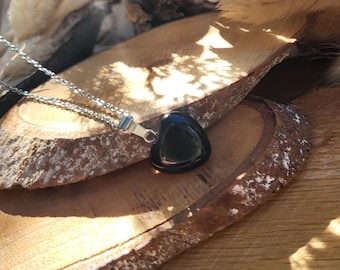 Obsidian Heart Necklace, Black Silver Obsidian Gemstone Necklace