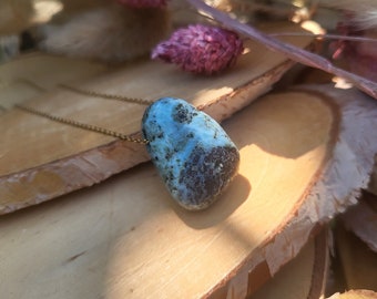 Larimar Necklace Drop Gold Tumbled Stone Pendant Gemstone Necklace
