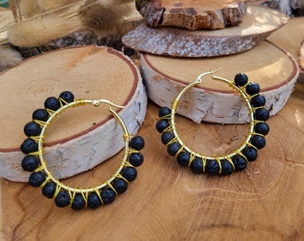 Lava bead earrings gold earrings hoop earrings