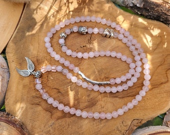 Rose Quartz Mala Necklace 108 Beads Wing Buddha Heart Prayer Beads 6 mm Beads Meditation Silver