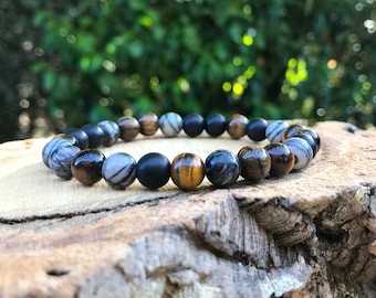 Jasper Onyx Tiger Eye Bracelet 8 mm Beads Gemstone Bracelet Lacooni