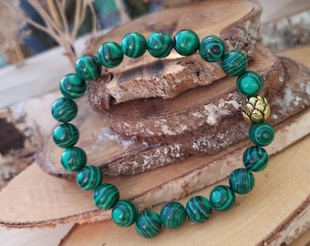 Lotus Malachite Bracelet 8 mm Beads Gold Lotus Bead Gemstone Bracelet