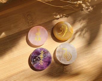 Reiki Symbols Stones Set Amethyst Rose Quartz Rock Crystal Jade Unique Piece Meditation